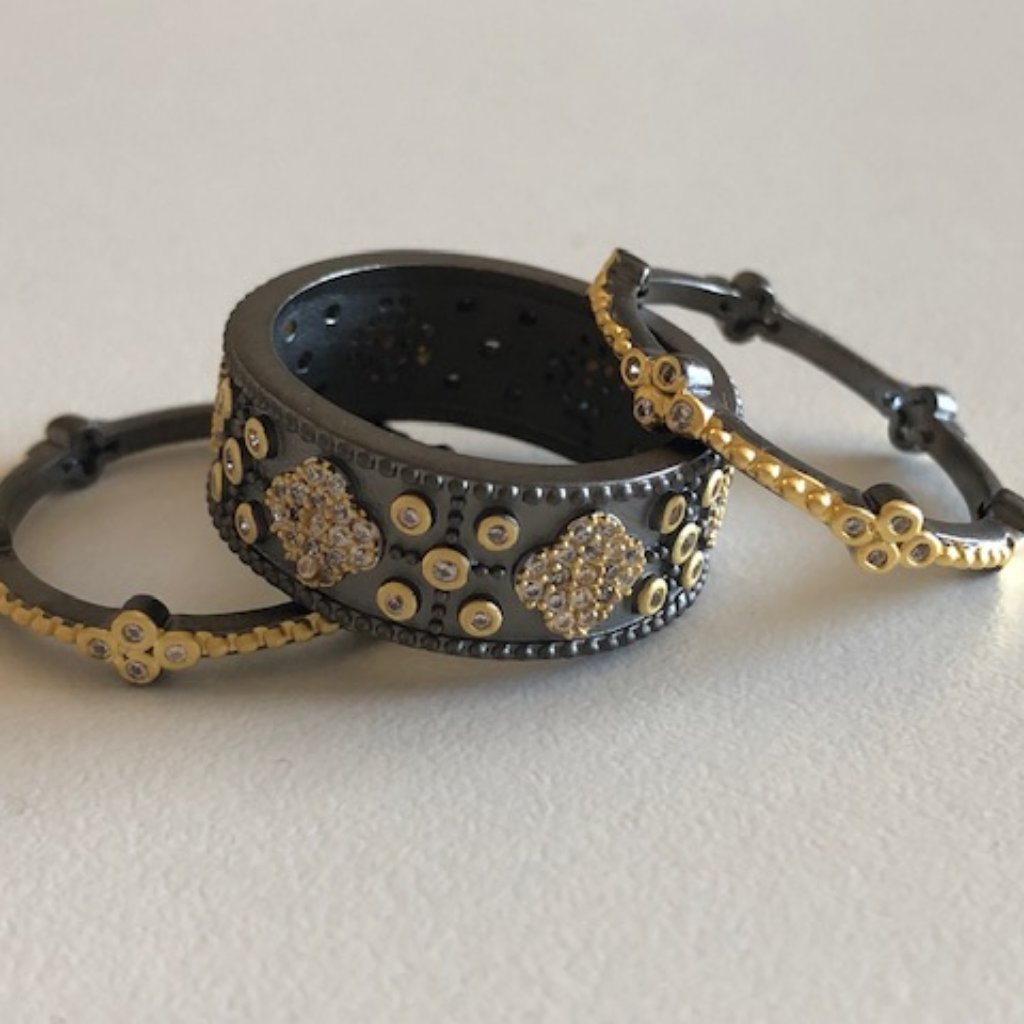 Artisan Modernist Sz 6 Rings Stacking Set Of 3 Black With GoldSilver Flower Czs 170$